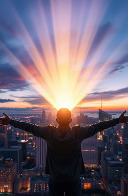 A breathtaking scene of divine light radiating from the heavens, illuminating a vibrant city skyline at dusk