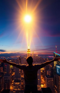 A breathtaking scene of divine light radiating from the heavens, illuminating a vibrant city skyline at dusk