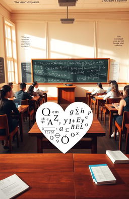 An academic setting featuring an elegantly designed classroom with wooden desks and chairs, a chalkboard filled with complex mathematical equations, and large windows letting in warm sunlight