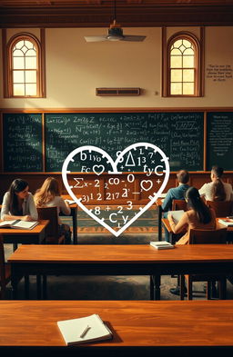 An academic setting featuring an elegantly designed classroom with wooden desks and chairs, a chalkboard filled with complex mathematical equations, and large windows letting in warm sunlight