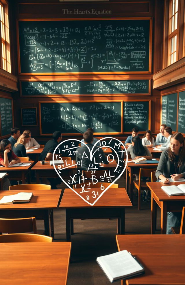 An academic setting featuring an elegantly designed classroom with wooden desks and chairs, a chalkboard filled with complex mathematical equations, and large windows letting in warm sunlight