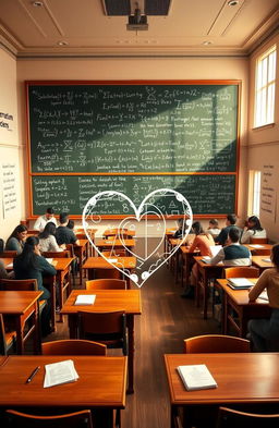 An academic setting featuring an elegantly designed classroom with wooden desks and chairs, a chalkboard filled with complex mathematical equations, and large windows letting in warm sunlight