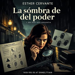 A poster for 'La sombra del poder' set in 1930-1940 Argentina, in a classic film noir style with a detective focus