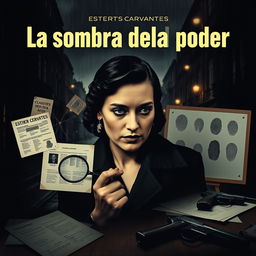 A poster for 'La sombra del poder' set in 1930-1940 Argentina, in a classic film noir style with a detective focus