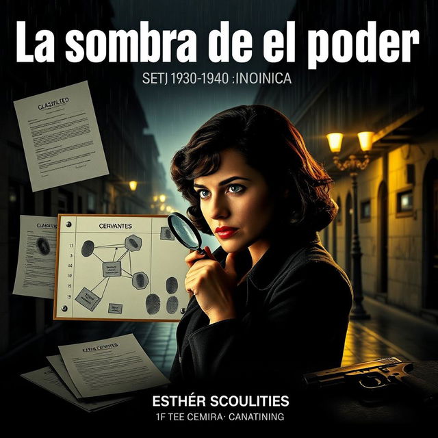 A poster for 'La sombra del poder' set in 1930-1940 Argentina, in a classic film noir style with a detective focus