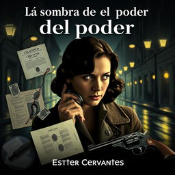 A poster for 'La sombra del poder' set in 1930-1940 Argentina, in a classic film noir style with a detective focus