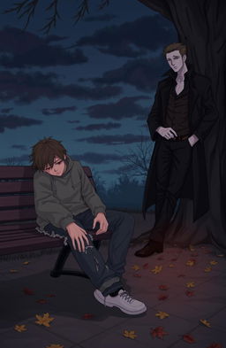 A moody scene depicting a depressed male student with disheveled hair and tired eyes, wearing a tattered hoodie and jeans, sitting on a park bench, lost in thought