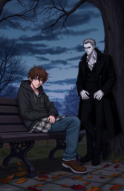 A moody scene depicting a depressed male student with disheveled hair and tired eyes, wearing a tattered hoodie and jeans, sitting on a park bench, lost in thought