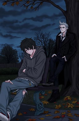 A moody scene depicting a depressed male student with disheveled hair and tired eyes, wearing a tattered hoodie and jeans, sitting on a park bench, lost in thought
