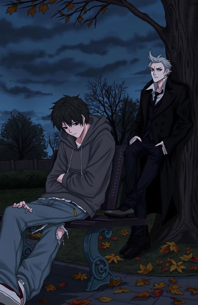 A moody scene depicting a depressed male student with disheveled hair and tired eyes, wearing a tattered hoodie and jeans, sitting on a park bench, lost in thought