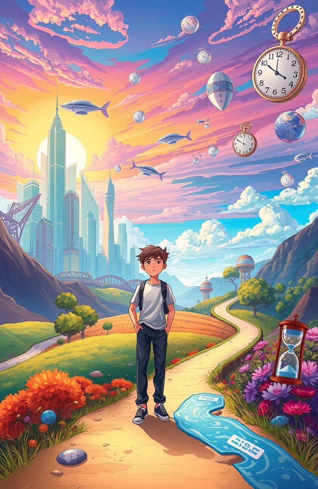 A surreal illustration depicting the concept of early maturity, featuring a young adult standing at a metaphorical crossroads, surrounded by vibrant landscapes that represent various life paths