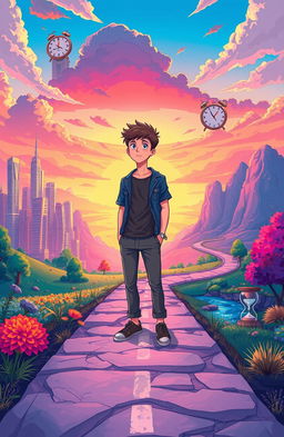 A surreal illustration depicting the concept of early maturity, featuring a young adult standing at a metaphorical crossroads, surrounded by vibrant landscapes that represent various life paths