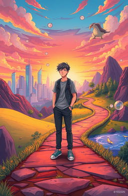 A surreal illustration depicting the concept of early maturity, featuring a young adult standing at a metaphorical crossroads, surrounded by vibrant landscapes that represent various life paths