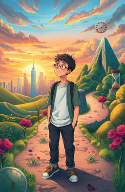 A surreal illustration depicting the concept of early maturity, featuring a young adult standing at a metaphorical crossroads, surrounded by vibrant landscapes that represent various life paths