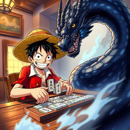 An exciting scene featuring Luffy, the cheerful and determined protagonist from the manga, engaged in a game of mahjong