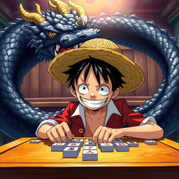 An exciting scene featuring Luffy, the cheerful and determined protagonist from the manga, engaged in a game of mahjong