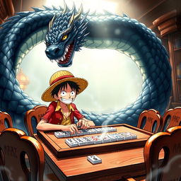 An exciting scene featuring Luffy, the cheerful and determined protagonist from the manga, engaged in a game of mahjong