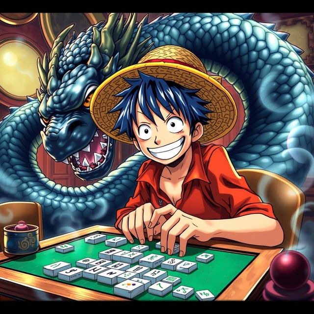 An exciting scene featuring Luffy, the cheerful and determined protagonist from the manga, engaged in a game of mahjong