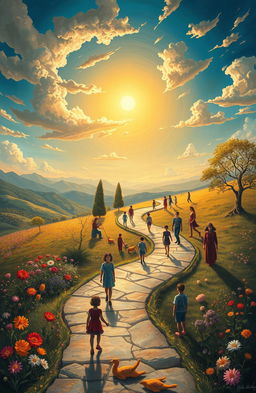 A surrealistic representation of the concept of 'early maturity', depicting a journey through life stages