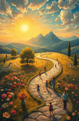 A surrealistic representation of the concept of 'early maturity', depicting a journey through life stages