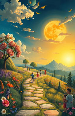 A surrealistic representation of the concept of 'early maturity', depicting a journey through life stages