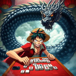 An action-packed scene featuring Luffy, the adventurous protagonist from the manga, engaged in an intense game of mahjong