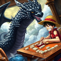 An action-packed scene featuring Luffy, the adventurous protagonist from the manga, engaged in an intense game of mahjong