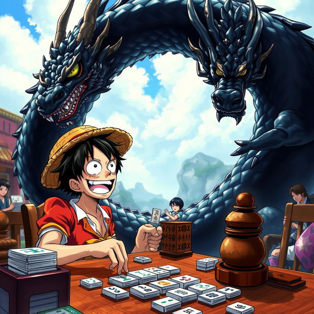 An action-packed scene featuring Luffy, the adventurous protagonist from the manga, engaged in an intense game of mahjong