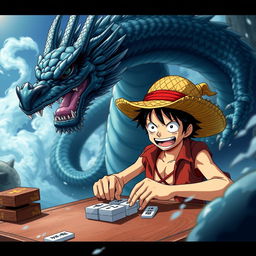An action-packed scene featuring Luffy, the adventurous protagonist from the manga, engaged in an intense game of mahjong