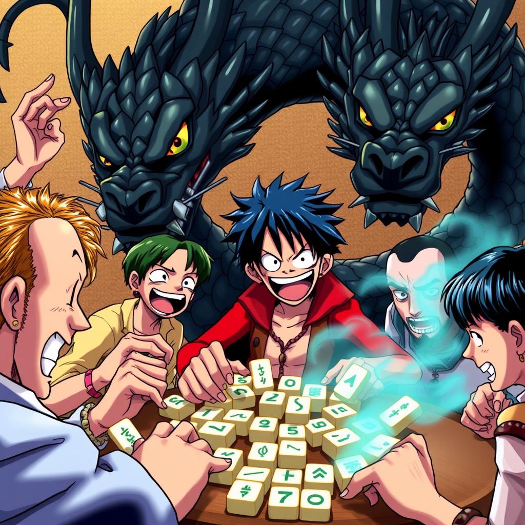 A dynamic scene of Luffy from One Piece, energetically playing mahjong with a group of friends, their expressions animated with excitement and concentration