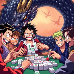 A dynamic scene of Luffy from One Piece, energetically playing mahjong with a group of friends, their expressions animated with excitement and concentration