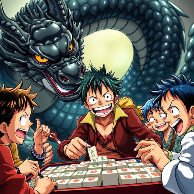 A dynamic scene of Luffy from One Piece, energetically playing mahjong with a group of friends, their expressions animated with excitement and concentration