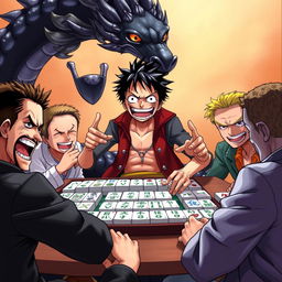 A dynamic scene of Luffy from One Piece, energetically playing mahjong with a group of friends, their expressions animated with excitement and concentration