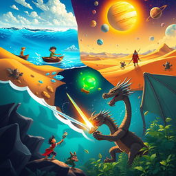 A cinematic illustration of a character named Kumar embarking on adventures across various landscapes
