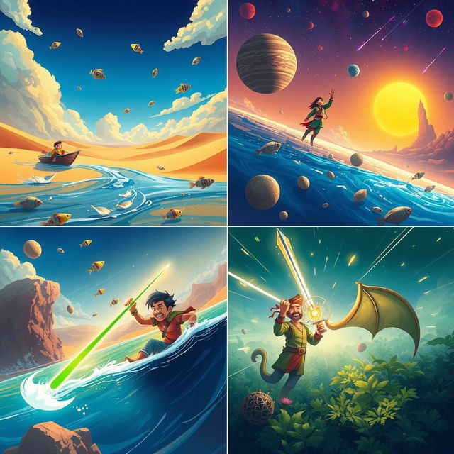 A cinematic illustration of a character named Kumar embarking on adventures across various landscapes