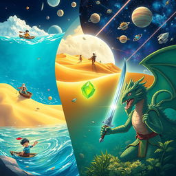 A cinematic illustration of a character named Kumar embarking on adventures across various landscapes