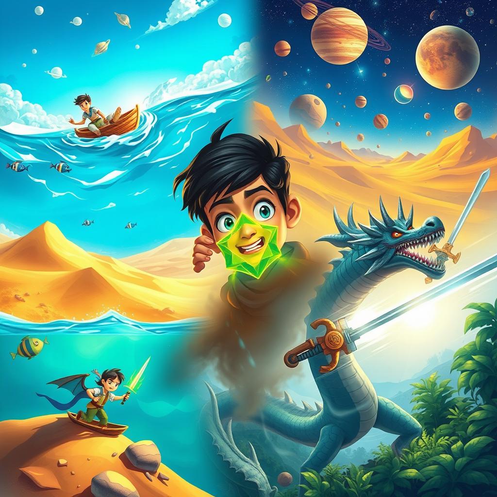 A cinematic illustration of a character named Kumar embarking on adventures across various landscapes