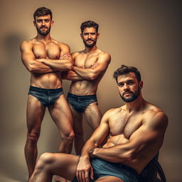A close-up artistic composition of a group of three charismatic men confidently posing without clothing, showcasing their muscular physiques and diverse body types