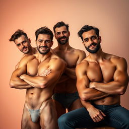 A close-up artistic composition of a group of three charismatic men confidently posing without clothing, showcasing their muscular physiques and diverse body types