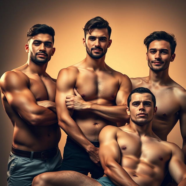 A close-up artistic composition of a group of three charismatic men confidently posing without clothing, showcasing their muscular physiques and diverse body types