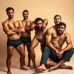 A close-up artistic composition of a group of three charismatic men confidently posing without clothing, showcasing their muscular physiques and diverse body types