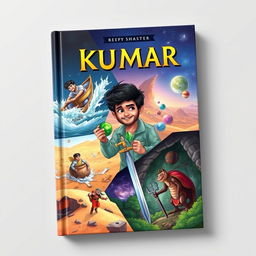 An illustrated artwork book cover featuring a man named Kumar embarking on four adventurous journeys: 1