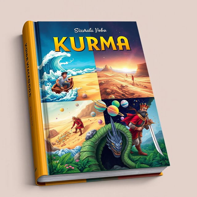 An illustrated artwork book cover featuring a man named Kumar embarking on four adventurous journeys: 1