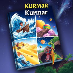 An illustrated artwork book cover featuring a man named Kumar embarking on four adventurous journeys: 1