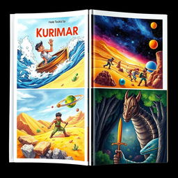 An illustrated artwork book cover featuring a man named Kumar embarking on four adventurous journeys: 1