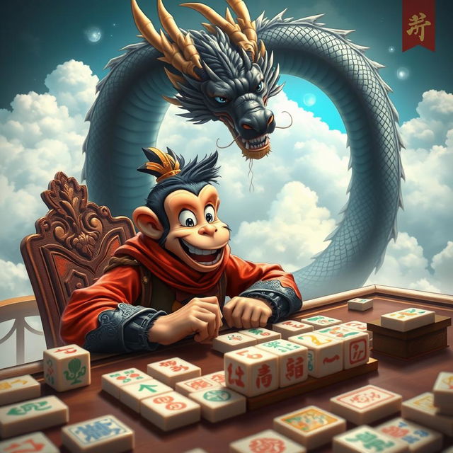 An engaging scene of Wukong, also known as the Monkey King, sitting at a mahjong table, showcasing his playful yet cunning nature as he focuses on the game