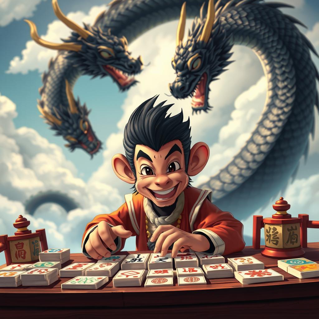 An engaging scene of Wukong, also known as the Monkey King, sitting at a mahjong table, showcasing his playful yet cunning nature as he focuses on the game