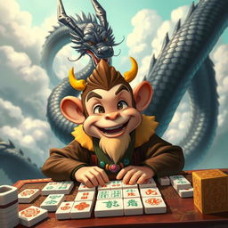 An engaging scene of Wukong, also known as the Monkey King, sitting at a mahjong table, showcasing his playful yet cunning nature as he focuses on the game