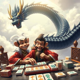 An engaging scene of Wukong, also known as the Monkey King, sitting at a mahjong table, showcasing his playful yet cunning nature as he focuses on the game