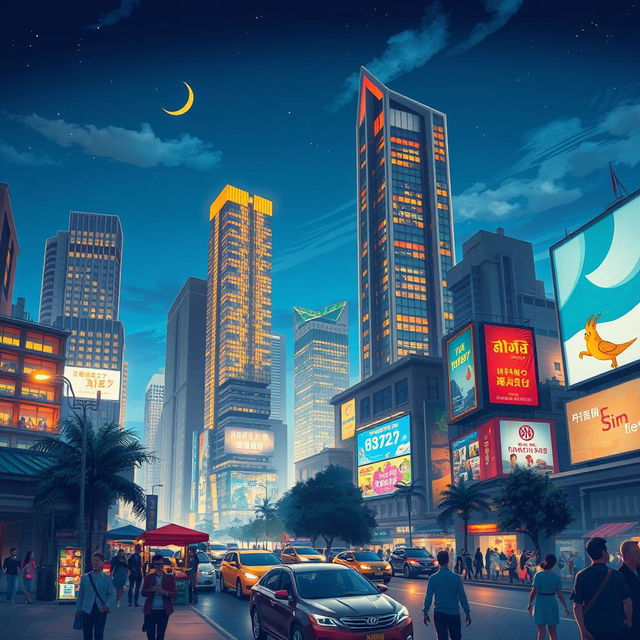 A realistic illustration of a vibrant cityscape at night, featuring tall skyscrapers with illuminated windows and unique architectural designs